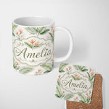 Personalized Custom Name Watercolor Tropical Banana Leaves and Bird of Paradise Floral Lovely 11oz Ceramic Coffee Tea Mug White Large Handle