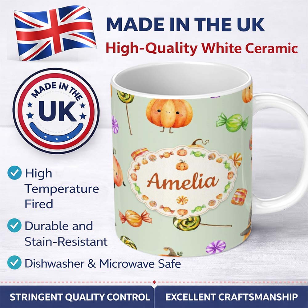 Personalized Custom Name Cute Watercolor Pumpkins and Candy Sweets on Cream Background Lovely 11oz Ceramic Coffee Tea Mug White Large Handle