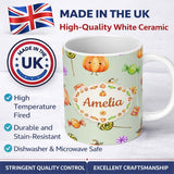 Personalized Custom Name Cute Watercolor Pumpkins and Candy Sweets on Cream Background Lovely 11oz Ceramic Coffee Tea Mug White Large Handle