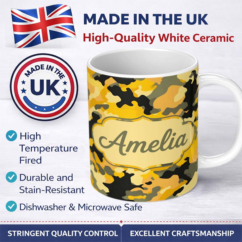 Personalized Custom Name Yellow Desert Camouflage Abstract Seamless Pattern Cute Unique Gift 11oz Ceramic Coffee Tea Mug White Large Handle