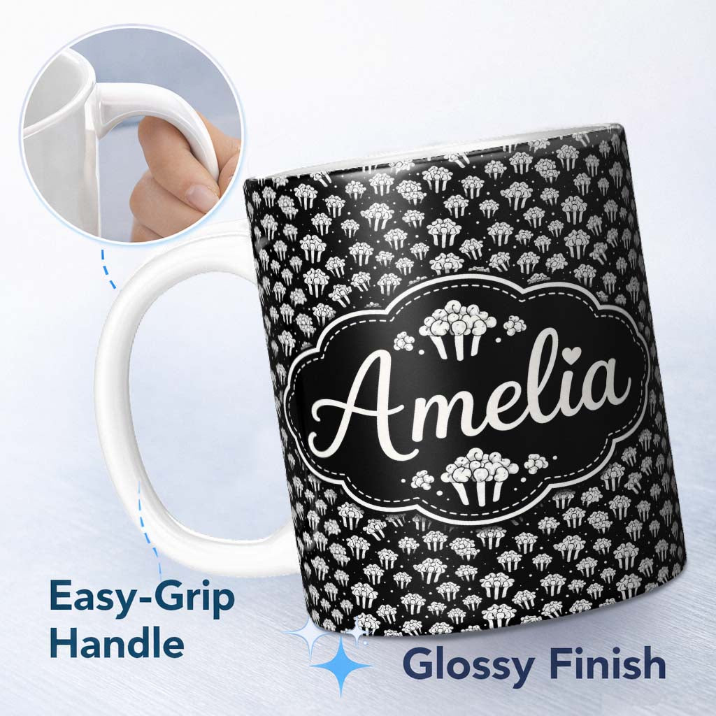 Personalized Custom Name Minimal Monochrome Popcorn Buckets on Black Background Seamless 11oz Ceramic Coffee Tea Mug White Large Handle
