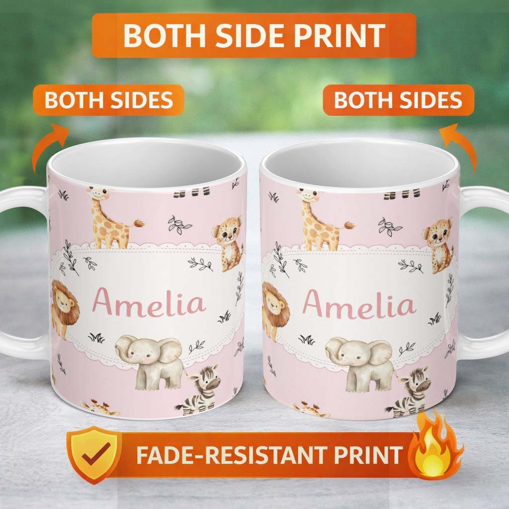 Personalized Custom Name Cute Baby Safari Animals Giraffe Lion Elephant Leopard Blush Pink 11oz Ceramic Coffee Tea Mug White Large Handle