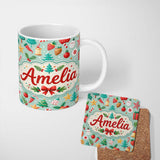 Personalized Custom Name Festive Christmas Trees Ornaments Strawberries Candy Cane Holiday 11oz Ceramic Coffee Tea Mug White Large Handle