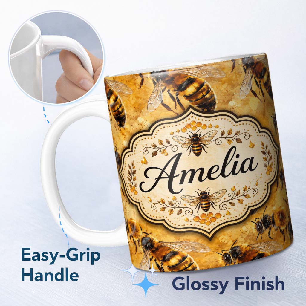 Personalized Custom Name Detailed Honey Bees on Golden Background Nature Inspired Seamless 11oz Ceramic Coffee Tea Mug White Large Handle