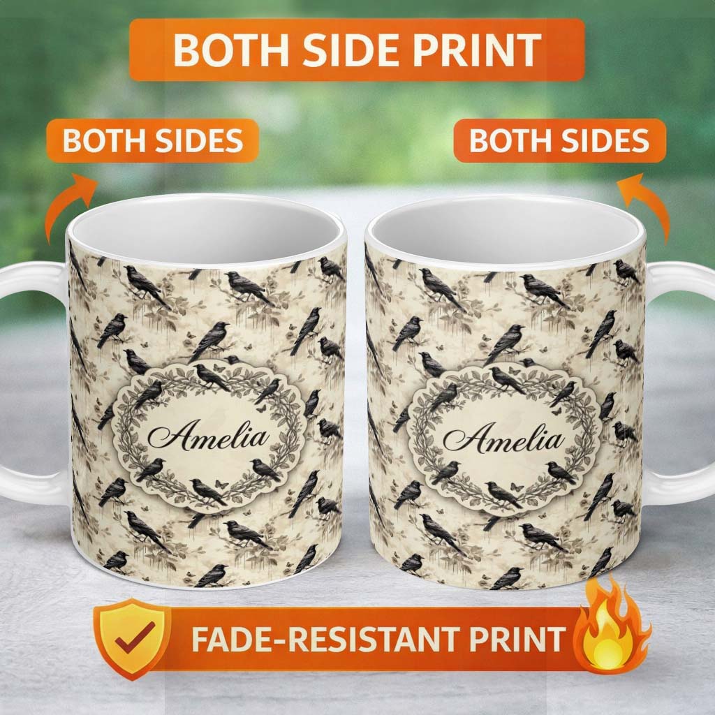 Personalized Custom Name Vintage Raven and Floral Grunge Seamless Pattern in Neutral Tones 11oz Ceramic Coffee Tea Mug White Large Handle