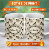 Personalized Custom Name Vintage Raven and Floral Grunge Seamless Pattern in Neutral Tones 11oz Ceramic Coffee Tea Mug White Large Handle
