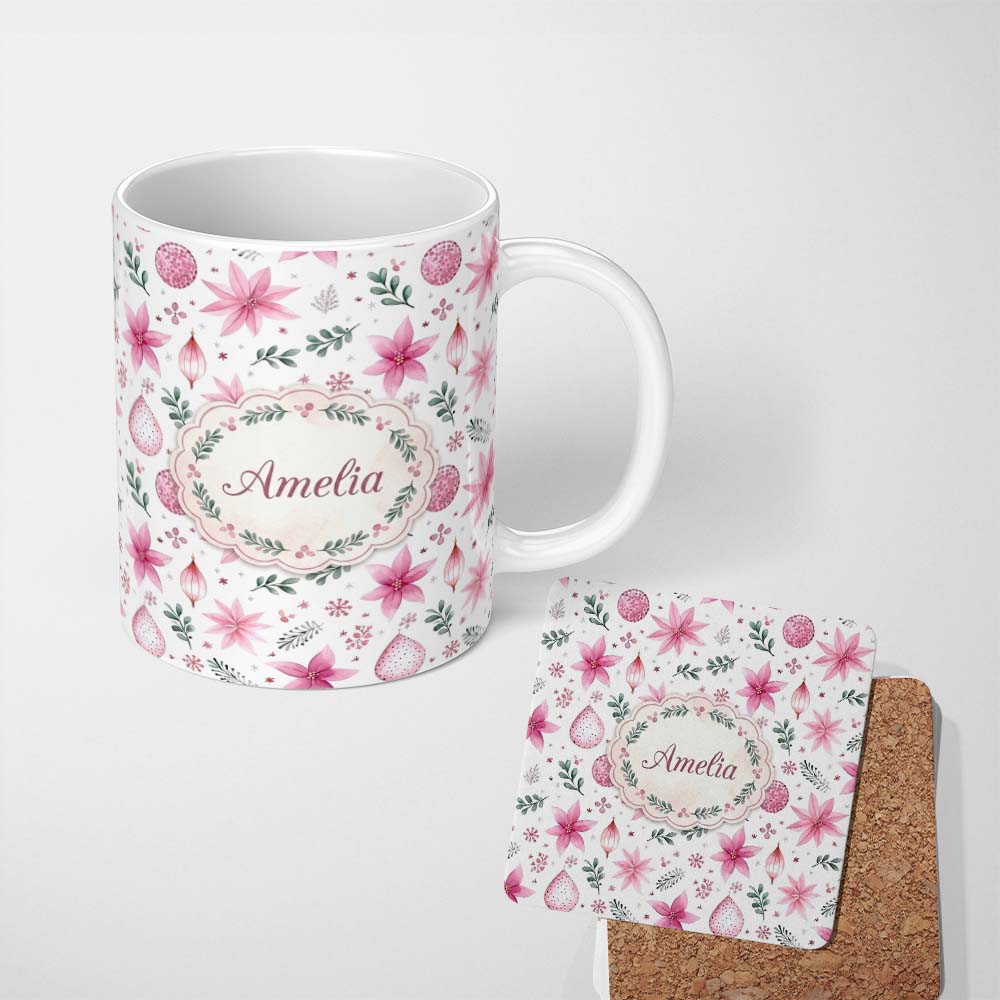 Personalized Custom Name Watercolor Pink Poinsettia Leaves Christmas Seamless Pattern Lovely 11oz Ceramic Coffee Tea Mug White Large Handle