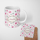 Personalized Custom Name Watercolor Pink Poinsettia Leaves Christmas Seamless Pattern Lovely 11oz Ceramic Coffee Tea Mug White Large Handle