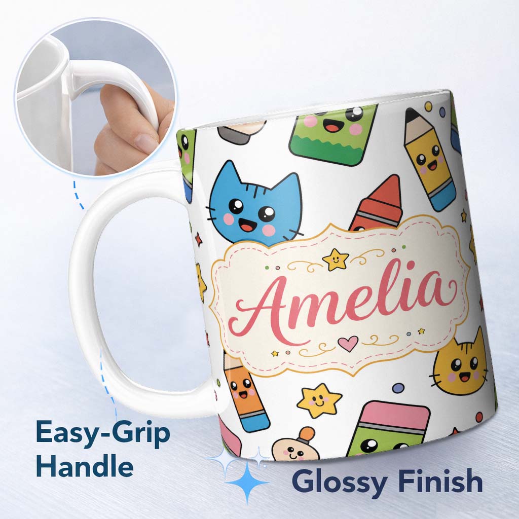 Personalized Custom Name Cute Kawaii Cats Crayons and Pencils Fun School Seamless Pattern 11oz Ceramic Coffee Tea Mug White Large Handle