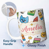 Personalized Custom Name Cute Kawaii Cats Crayons and Pencils Fun School Seamless Pattern 11oz Ceramic Coffee Tea Mug White Large Handle