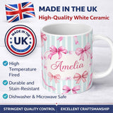 Personalized Custom Name Watercolor Pink Ribbon Bow Seamless Pattern with Soft Blue Stripes 11oz Ceramic Coffee Tea Mug White Large Handle