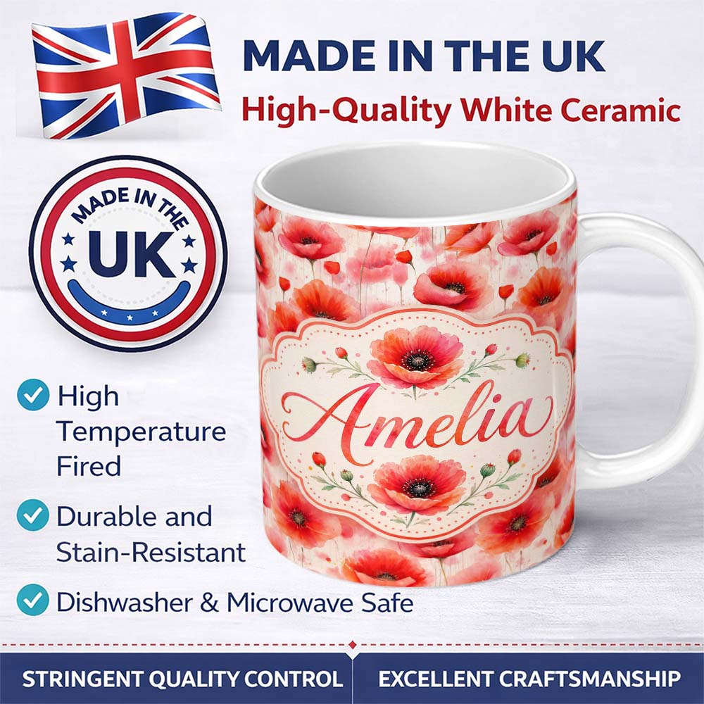 Personalized Custom Name Light Pastel Poppy Flowers Soft Artistic Seamless Pattern Lovely 11oz Ceramic Coffee Tea Mug White Large Handle