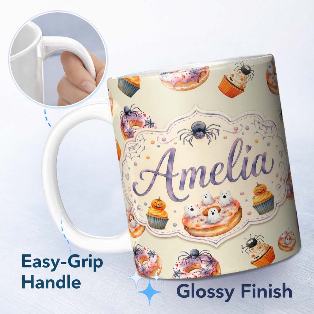 Personalized Custom Name Halloween Donuts Cupcakes and Spiders Seamless on Light Beige Lovely 11oz Ceramic Coffee Tea Mug White Large Handle