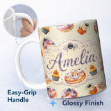 Personalized Custom Name Halloween Donuts Cupcakes and Spiders Seamless on Light Beige Lovely 11oz Ceramic Coffee Tea Mug White Large Handle