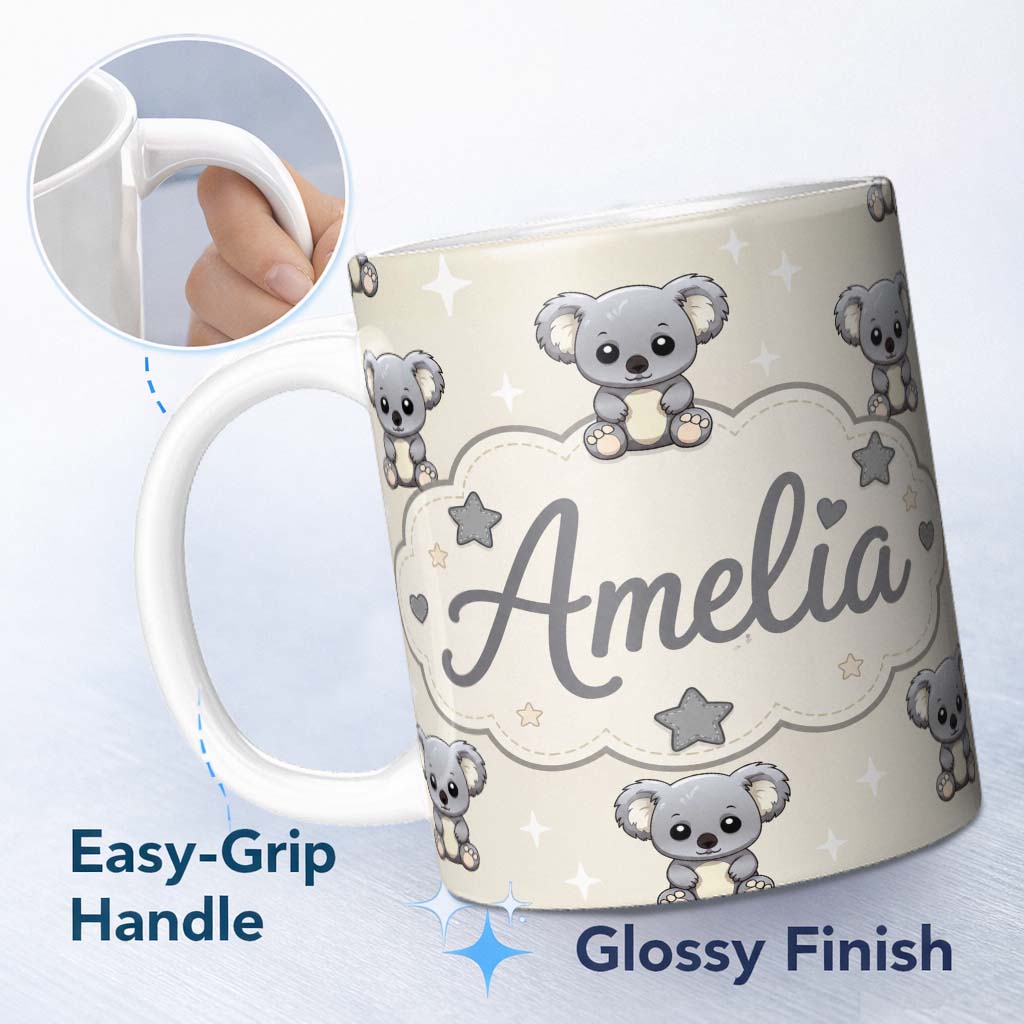 Personalized Custom Name Cute Koala Bears with Stars Beige Background Seamless Pattern Lovely 11oz Ceramic Coffee Tea Mug White Large Handle