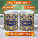 Personalized Custom Name Golden Buddha Faces with Floral Elements Seamless Pattern Lovely 11oz Ceramic Coffee Tea Mug White Large Handle