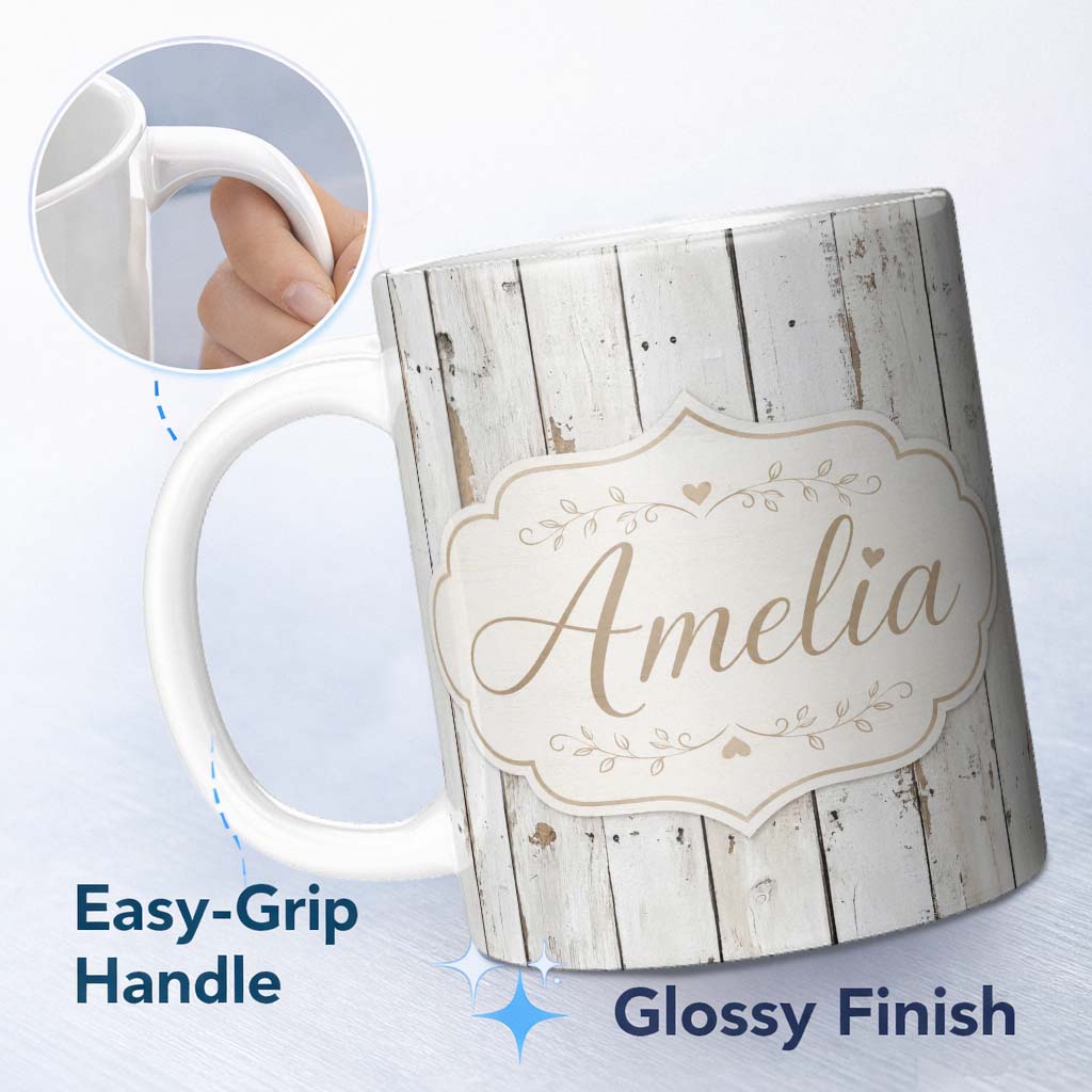 Personalized Custom Name Weathered White Wooden Plank Rustic Farmhouse Seamless Pattern 11oz Ceramic Coffee Tea Mug White Large Handle