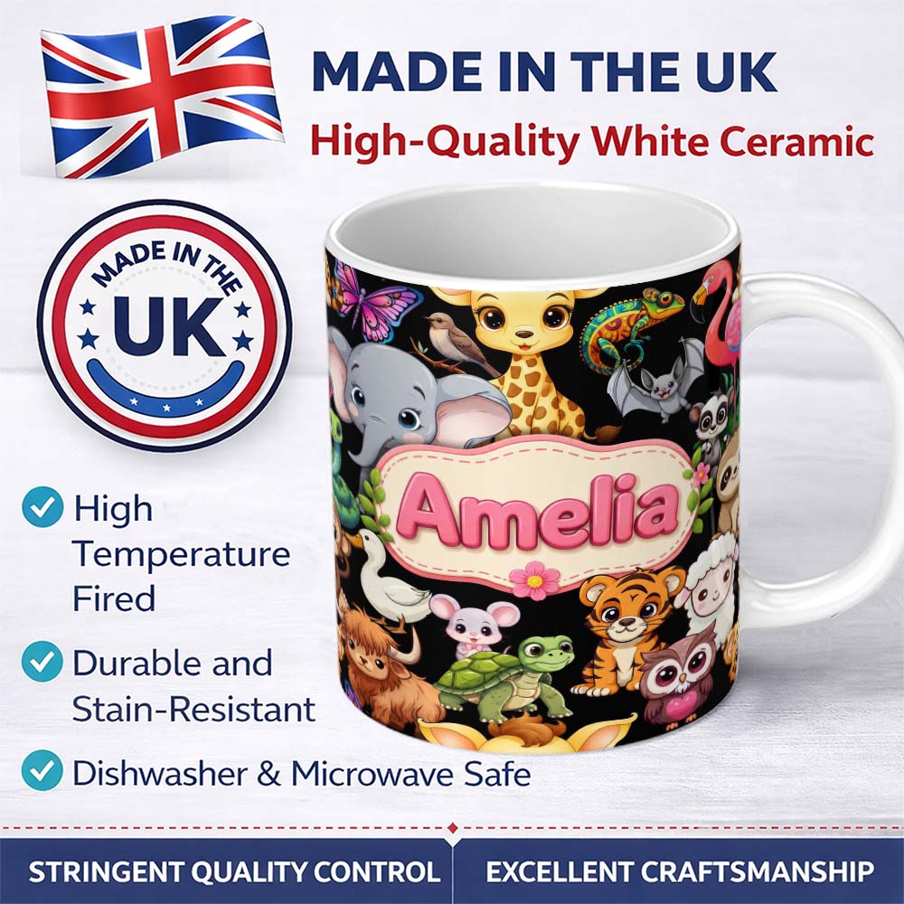 Personalized Custom Name Cute Cartoon Jungle Safari Animals Seamless Pattern on Black Lovely 11oz Ceramic Coffee Tea Mug White Large Handle