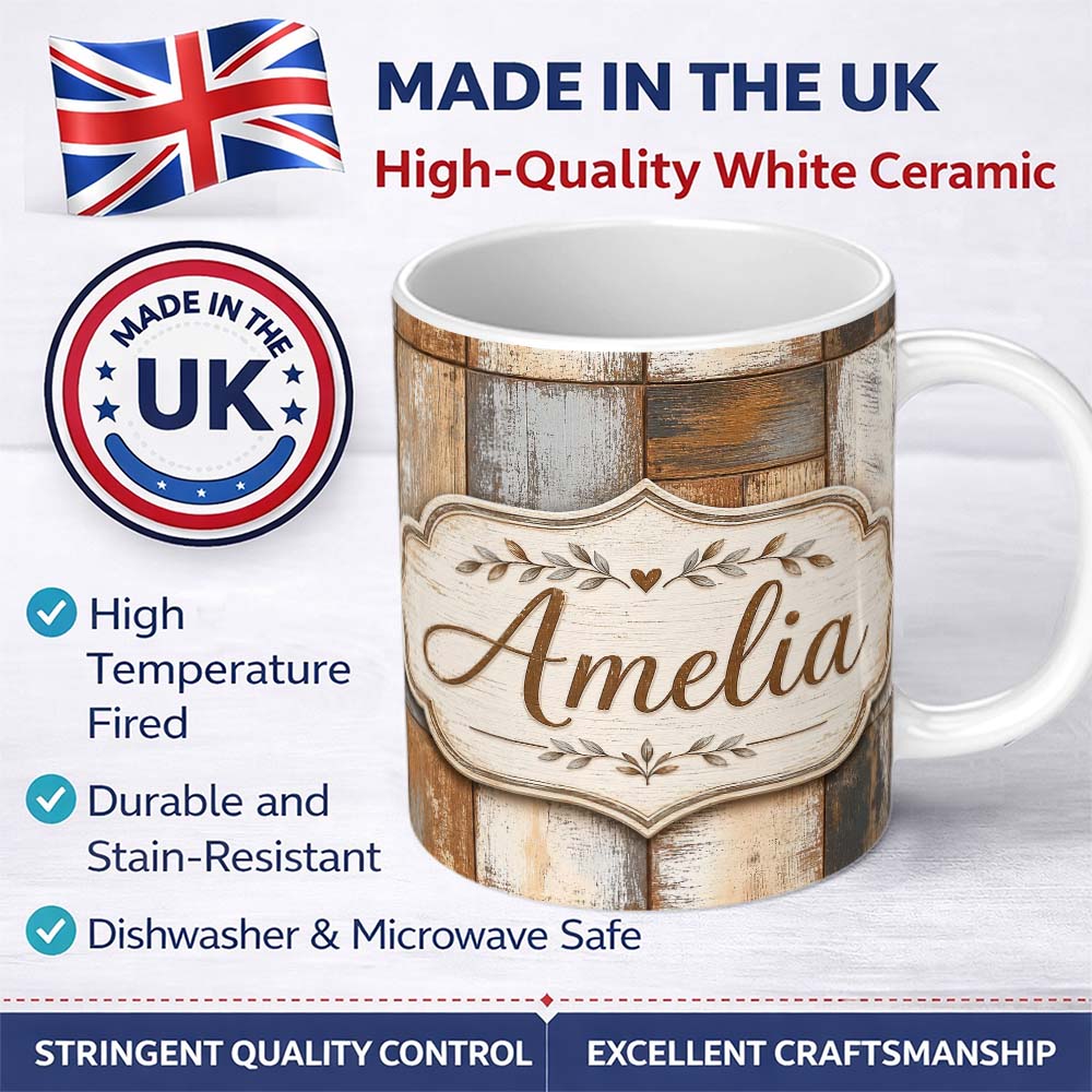 Personalized Custom Name Vintage Mixed Wood Panel Patchwork Rustic Seamless Pattern Lovely 11oz Ceramic Coffee Tea Mug White Large Handle