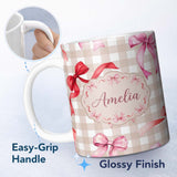 Personalized Custom Name Watercolor Ribbon Bow Seamless Pattern on Taupe Gingham Background 11oz Ceramic Coffee Tea Mug White Large Handle