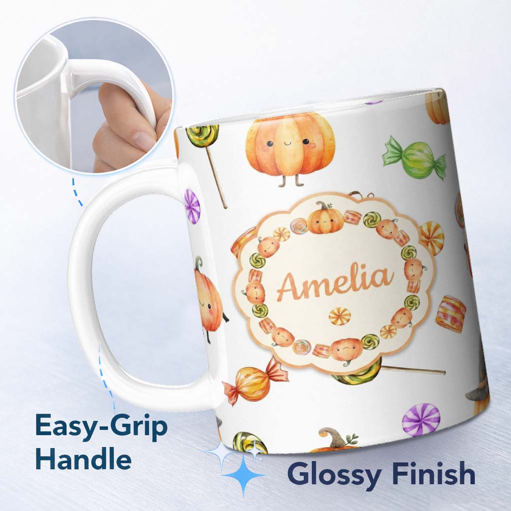 Personalized Custom Name Cute Watercolor Pumpkins and Candy Sweets on Mint Green Background 11oz Ceramic Coffee Tea Mug White Large Handle