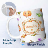 Personalized Custom Name Cute Watercolor Pumpkins and Candy Sweets on Mint Green Background 11oz Ceramic Coffee Tea Mug White Large Handle