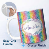 Personalized Custom Name Watercolor Leaf Stripe Rainbow Pattern Seamless Botanical Design 11oz Ceramic Coffee Tea Mug White Large Handle
