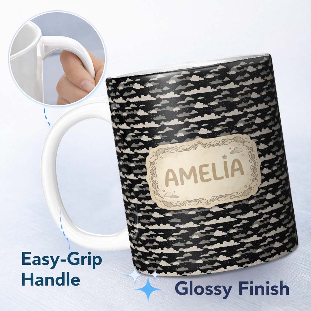 Personalized Custom Name Minimal Cloud Pattern Black Night Sky Cream Clouds Seamless Design 11oz Ceramic Coffee Tea Mug White Large Handle