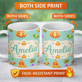 Personalized Custom Name Cute Halloween Pumpkin Candy Characters Mint Background Seamless 11oz Ceramic Coffee Tea Mug White Large Handle
