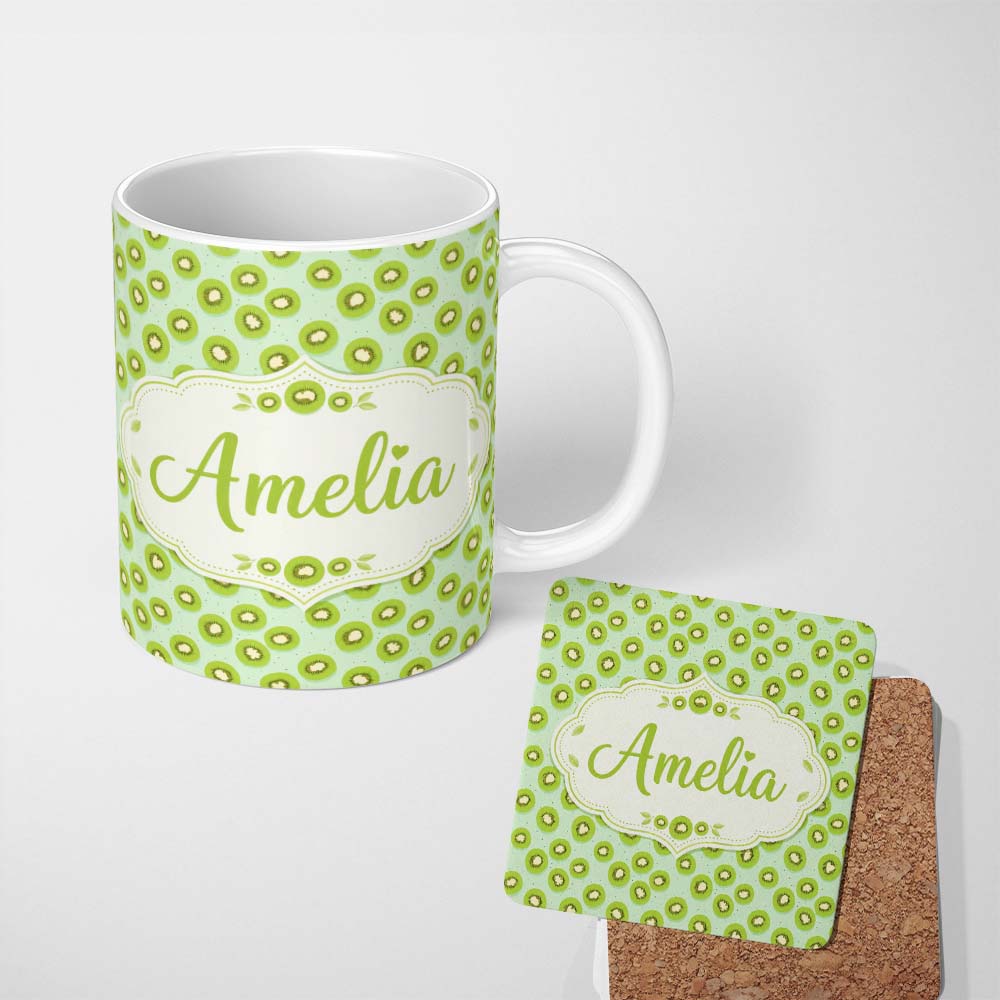 Personalized Custom Name Stylised Kiwi Slice Repeat Seamless Pattern on Soft Green Background 11oz Ceramic Coffee Tea Mug White Large Handle