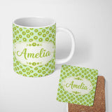 Personalized Custom Name Stylised Kiwi Slice Repeat Seamless Pattern on Soft Green Background 11oz Ceramic Coffee Tea Mug White Large Handle
