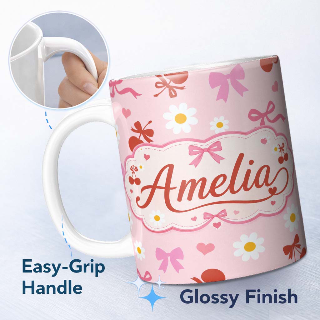 Personalized Custom Name Pastel Cherry and Ribbon Pattern with Small Flowers Pattern Soft 11oz Ceramic Coffee Tea Mug White Large Handle