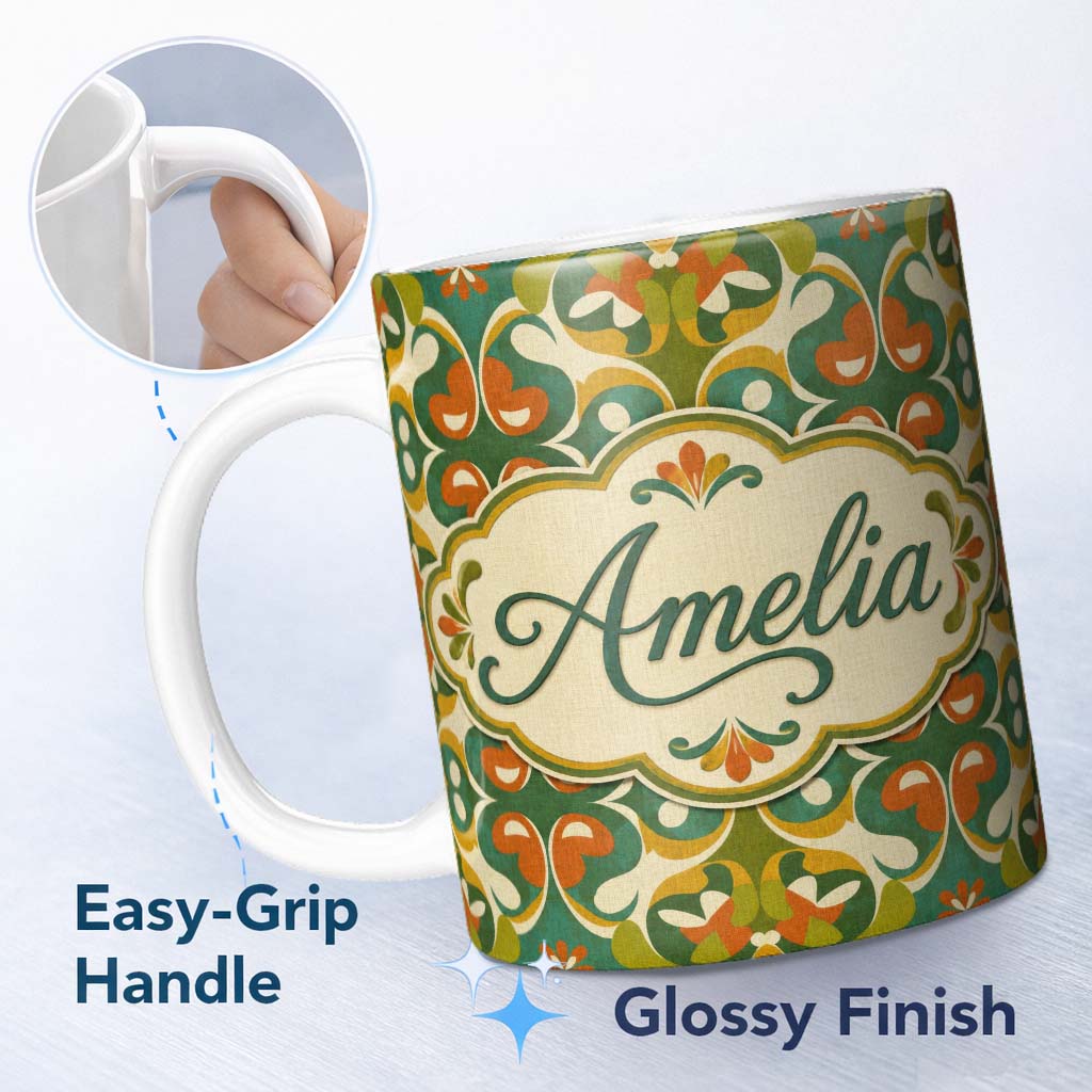 Personalized Custom Name Floral Daisy Pattern in Warm Earth Tones Seamless Design Lovely 11oz Ceramic Coffee Tea Mug White Large Handle