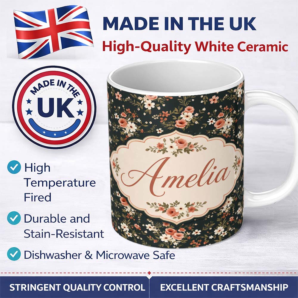 Personalized Custom Name Delicate Peach and White Floral Bouquet on Dark Background Seamless 11oz Ceramic Coffee Tea Mug White Large Handle