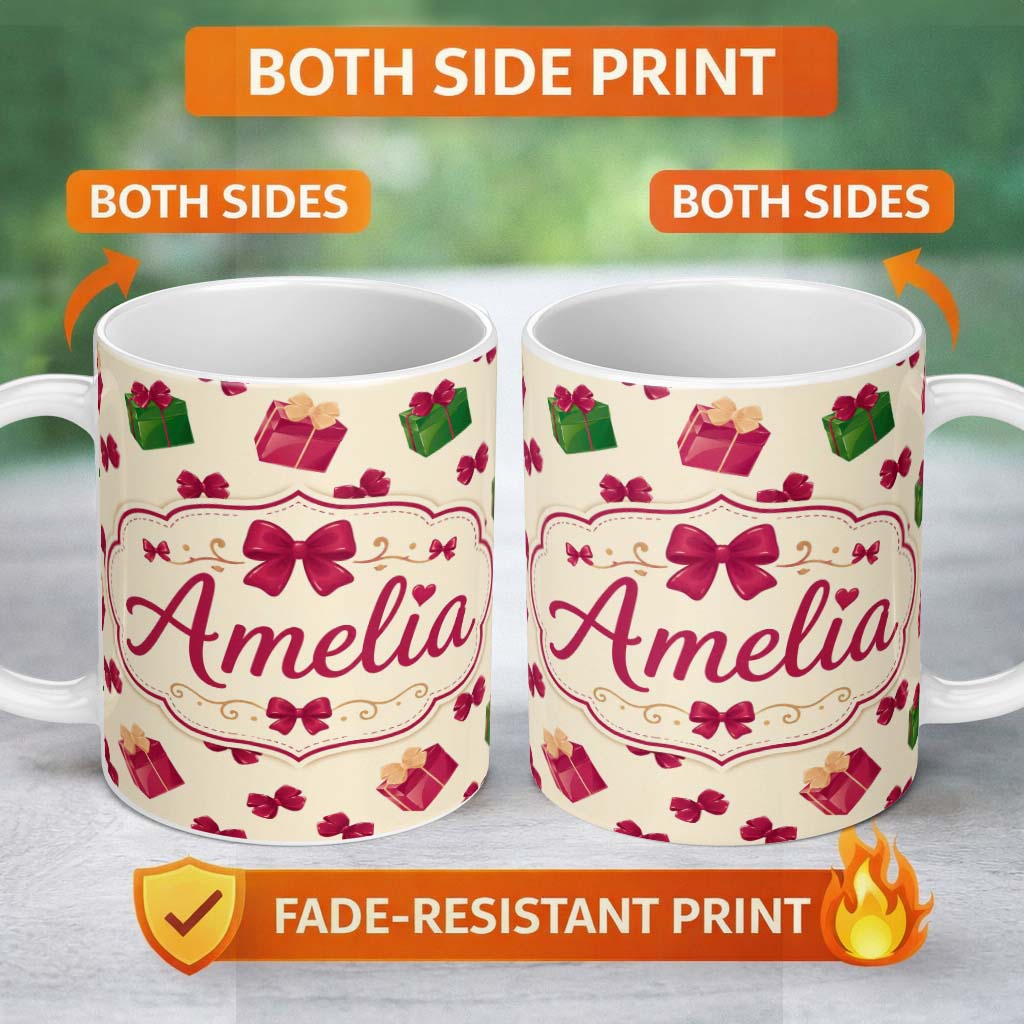 Personalized Custom Name Cute Gift Box Ribbon Bow Festive Seamless Pattern Cute Unique Gift 11oz Ceramic Coffee Tea Mug White Large Handle