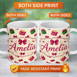 Personalized Custom Name Cute Gift Box Ribbon Bow Festive Seamless Pattern Cute Unique Gift 11oz Ceramic Coffee Tea Mug White Large Handle