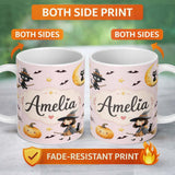 Personalized Custom Name Halloween Witch Cat Moon Stars Spooky Night Pink Seamless Pattern 11oz Ceramic Coffee Tea Mug White Large Handle