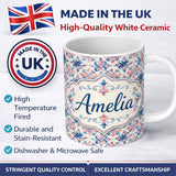 Personalized Custom Name Red and Blue Classic Floral Tile Pattern with Soft Vintage Symmetry 11oz Ceramic Coffee Tea Mug White Large Handle