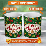 Personalized Custom Name Cute Gingerbread Poinsettia Ornament Candy Cane Seamless Pattern 11oz Ceramic Coffee Tea Mug White Large Handle