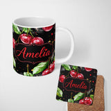 Personalized Custom Name Watercolor Cherry Fruit Dark Artistic Splash Seamless Pattern Lovely 11oz Ceramic Coffee Tea Mug White Large Handle