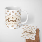 Personalized Custom Name Vintage Spinning Top Toy Seamless Pattern on Soft Neutral Background 11oz Ceramic Coffee Tea Mug White Large Handle