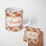 Personalized Custom Name Vintage Cream Poinsettia Floral Botanical Christmas Seamless Pattern 11oz Ceramic Coffee Tea Mug White Large Handle