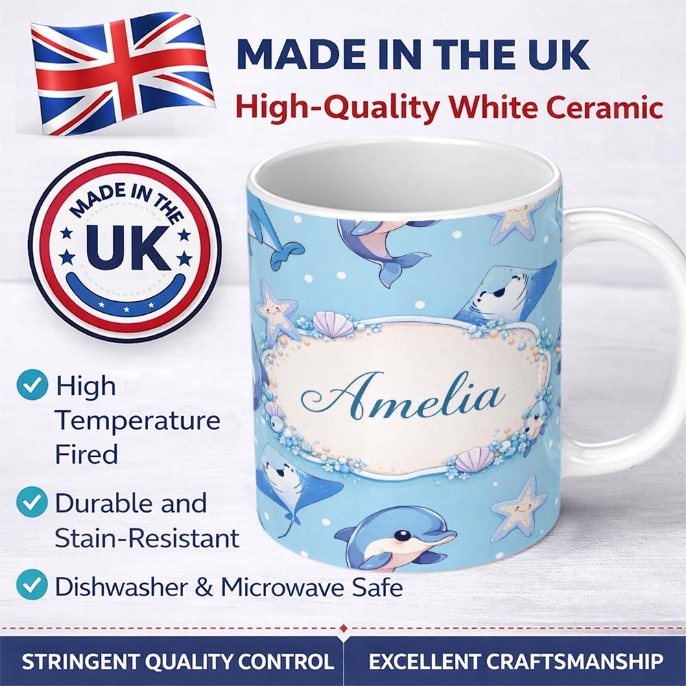Personalized Custom Name Cute Dolphin Stingray Starfish Ocean Sea Life Soft Aqua Background 11oz Ceramic Coffee Tea Mug White Large Handle