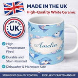 Personalized Custom Name Cute Dolphin Stingray Starfish Ocean Sea Life Soft Aqua Background 11oz Ceramic Coffee Tea Mug White Large Handle