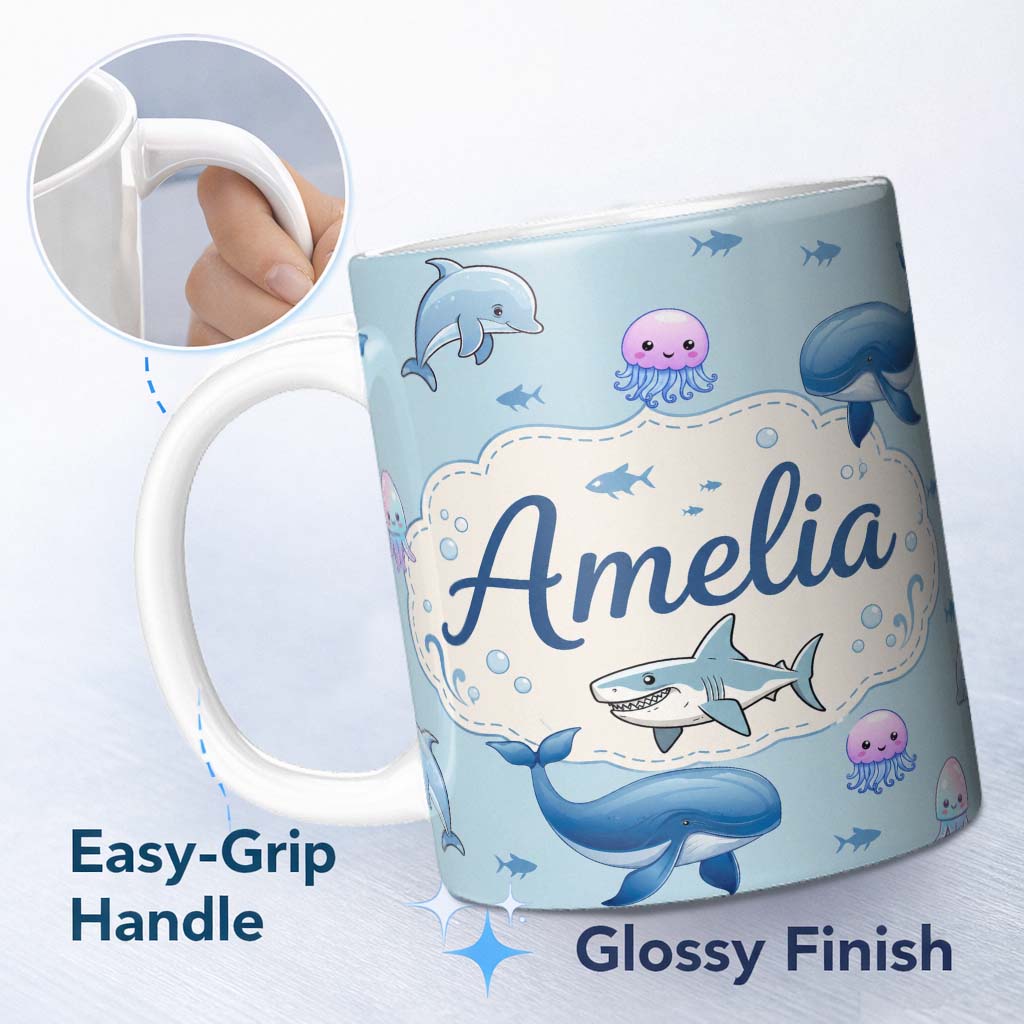 Personalized Custom Name Cute Ocean Animals Dolphin Shark Jellyfish Seamless Pattern Blue 11oz Ceramic Coffee Tea Mug White Large Handle