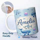 Personalized Custom Name Cute Ocean Animals Dolphin Shark Jellyfish Seamless Pattern Blue 11oz Ceramic Coffee Tea Mug White Large Handle