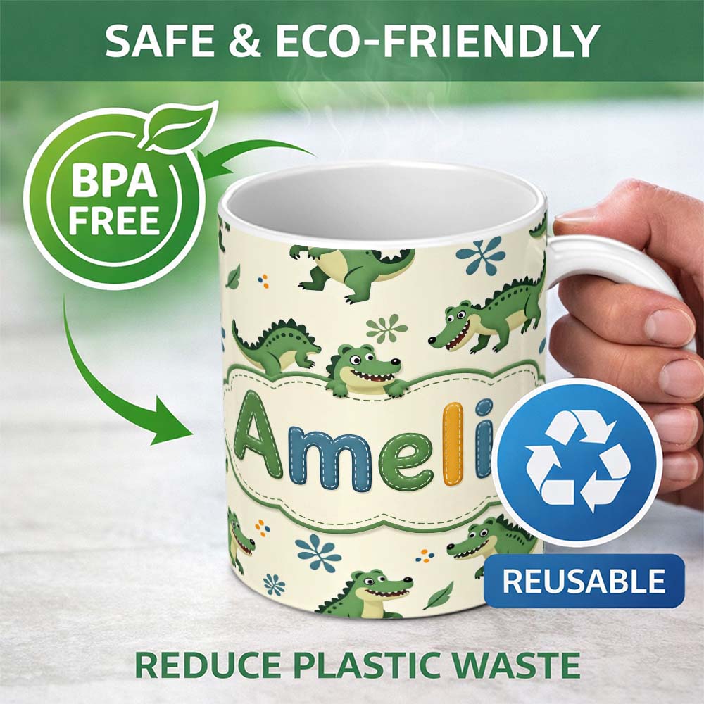 Personalized Custom Name Cute Cartoon Crocodiles Jungle Leaves Playful Animal Seamless Lovely 11oz Ceramic Coffee Tea Mug White Large Handle