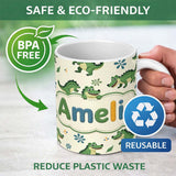 Personalized Custom Name Cute Cartoon Crocodiles Jungle Leaves Playful Animal Seamless Lovely 11oz Ceramic Coffee Tea Mug White Large Handle