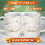 Personalized Custom Name Watercolor Bunny Floral Meadow Seamless Pattern on Soft Blue Lovely 11oz Ceramic Coffee Tea Mug White Large Handle