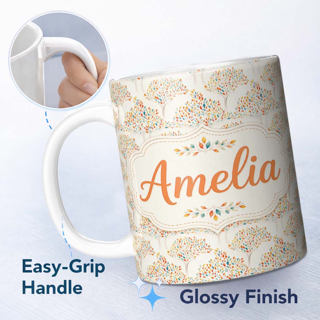 Personalized Custom Name Modern Colourful Leafy Trees Seamless Pattern on Light Background 11oz Ceramic Coffee Tea Mug White Large Handle